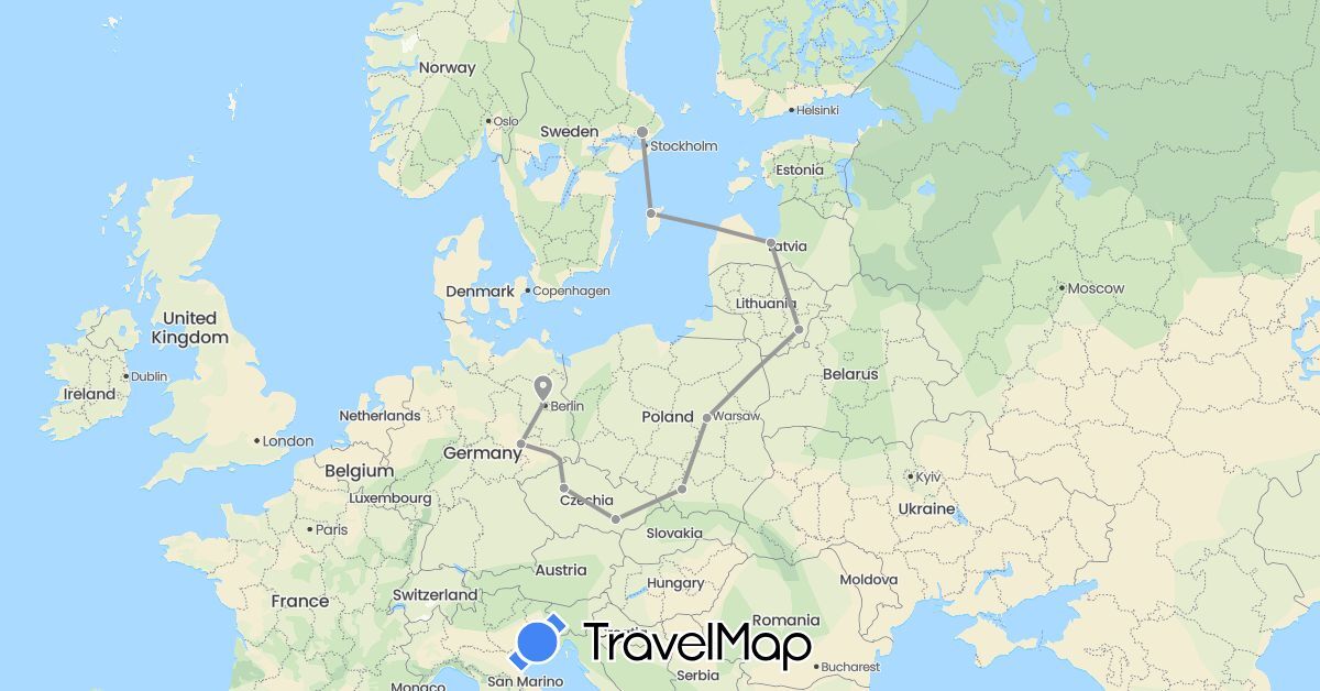 TravelMap itinerary: driving, plane in Czech Republic, Germany, Lithuania, Latvia, Poland, Sweden (Europe)